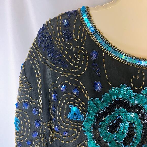 Fantasy by Lisa Kane Vintage XL Silk Beaded Top Black Blue Sequin Floral Beaded - Picture 5 of 16